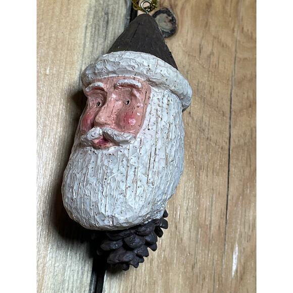 Santa Head 4.5 in Faux Wood Pine Cone Primitive Folk Christmas Holiday Ornament - Picture 2 of 6
